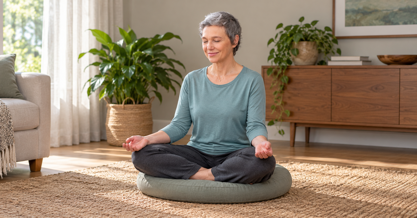 Woman meditating on a cushion in a softly lit living room.